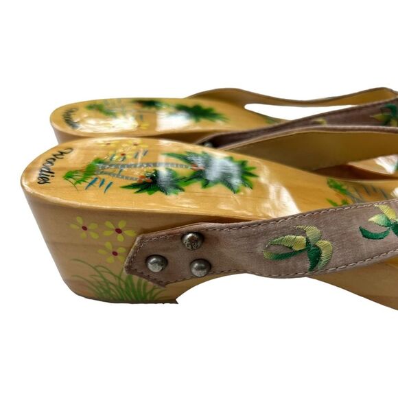 Woodies Vintage Shoes Wooden Wedge Sandals HAND PAINTED PALM TREES Clogs Sz 6 - Picture 4 of 15